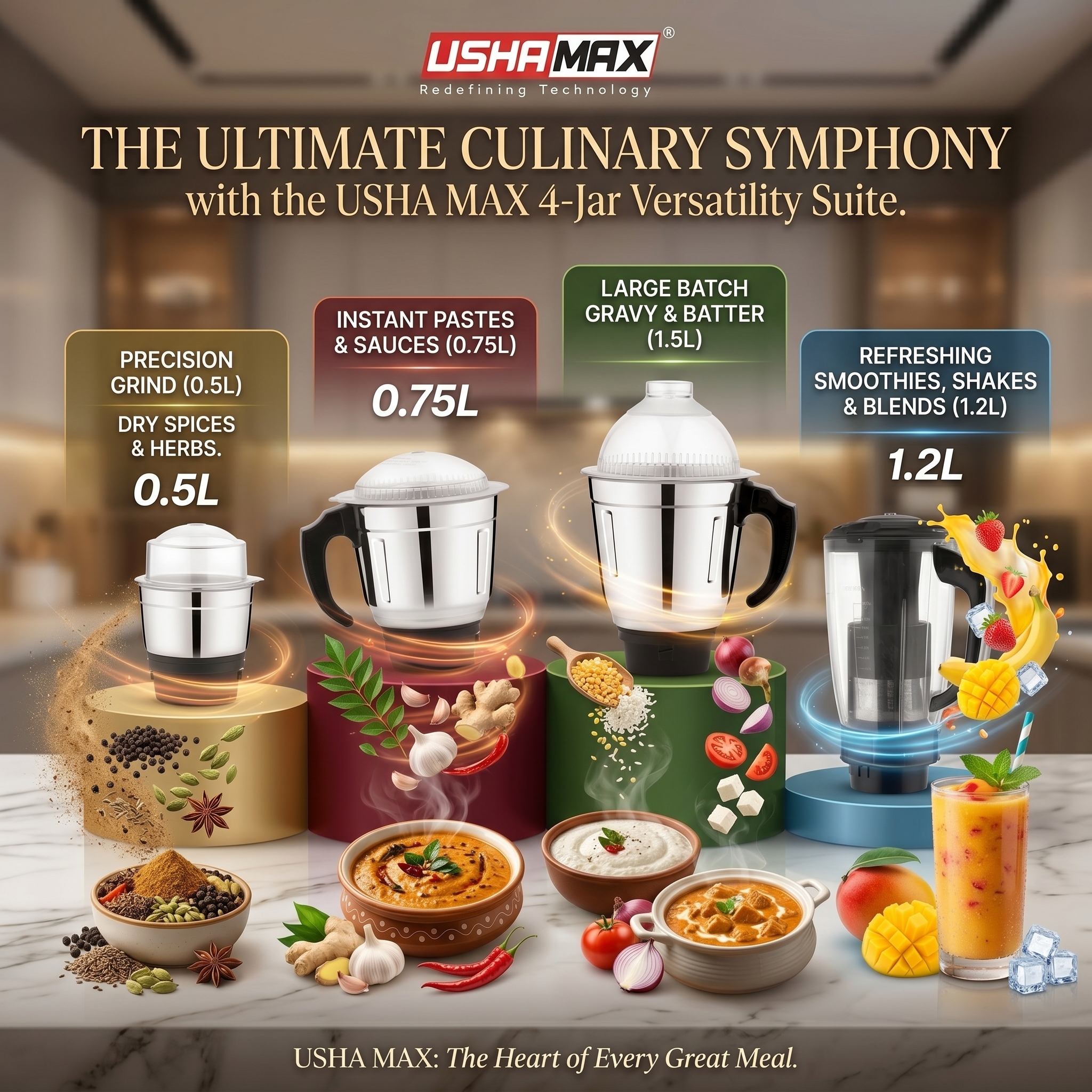 USHAMAX MIXIVA PRO Mixer Grinder | 1200W Commercial-Grade Pure Copper Motor - Image 4
